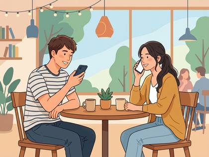 喫茶店でスマホを見る男性と通話する女性のイラスト。