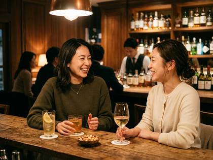 バーで笑顔で談笑する2人の女性。