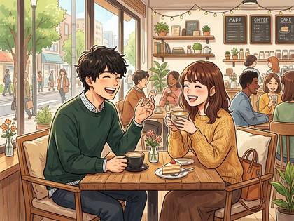 明るいカフェで、コーヒーを片手に笑顔で語り合う若い男女。