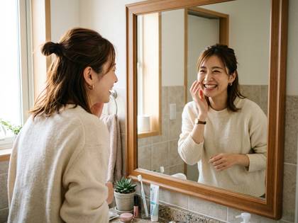 洗面所の鏡に映る自分を見て、満面の笑みを浮かべる女性。