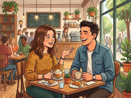 賑やかなカフェで、向かい合って笑顔で談笑する若い男女。温かい飲み物とパンがある。