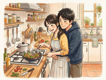 キッチンで笑顔で料理をするカップル。男性が女性を優しく抱きしめ、幸せな時間を共有する。