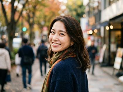 秋の街並みを背景に、笑顔でカメラを見る女性。