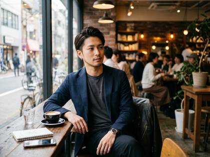 カフェの窓際でコーヒーを前にくつろぐ若いアジア人男性。