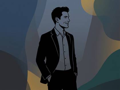 抽象的な背景に立つ、微笑むスーツ姿の男性のイラスト。