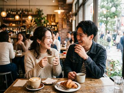 カフェで楽しそうに会話する男女。