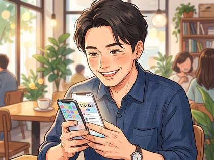 カフェで笑顔の男性がスマホでSNSを楽しむイラスト。