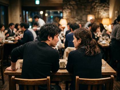 レストランで向かい合って会話する男女。