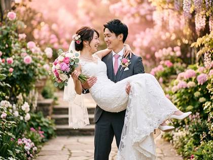 ピンクの花咲く庭で、新郎がウェディングドレスの花嫁を抱き上げる、笑顔の二人。