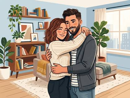 リビングで抱き合い、笑顔を見せる男女のイラスト。