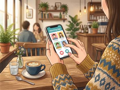 カフェで女性がスマートフォンでマッチングアプリを使う様子。