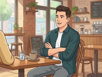 カフェで笑顔で腕組みをして会話する男性。