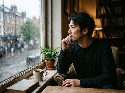窓の外の雨を見つめ、物思いにふける男性。傍らには本とコーヒーカップ。