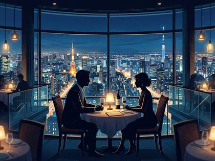 東京タワーとスカイツリーが見える高級レストランでディナーを楽しむカップル。