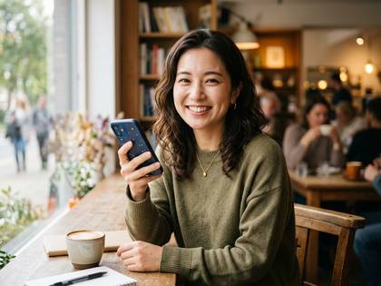 カフェの窓際でスマートフォンを持つ、笑顔の女性。