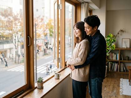 窓辺で寄り添い、外を眺める笑顔のカップル。