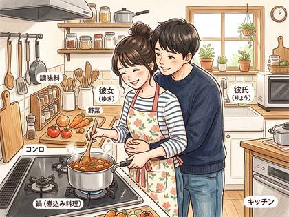 キッチンで料理をする、笑顔で寄り添うカップル。