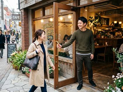 男性が女性をカフェの扉で出迎え、笑顔で向き合うカップル。