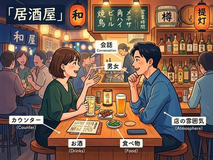 居酒屋のカウンターで、お酒と食事を楽しみながら会話する男女。