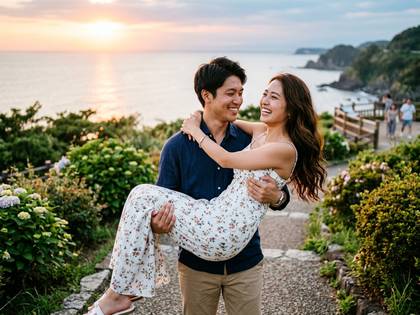 夕暮れの海辺で、男性が女性をお姫様抱っこしている笑顔のカップル。