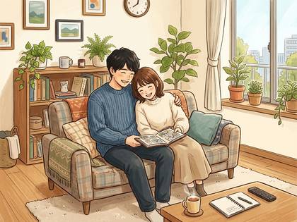 リビングのソファでアルバムを見る笑顔のカップルのイラスト。