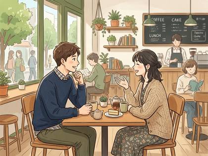 明るいカフェで、コーヒーやケーキを囲み笑顔で会話する男女。