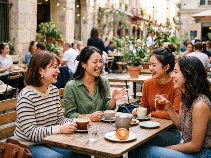賑やかな屋外カフェで、笑顔で談笑する4人のアジア人女性たち。