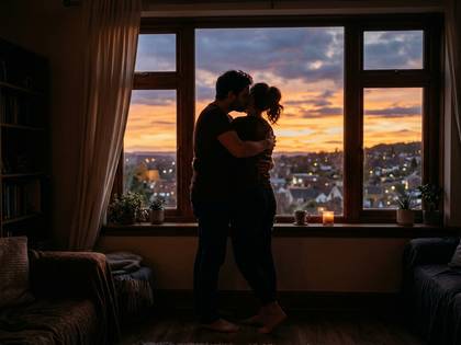 夕焼け空の窓辺で抱き合いキスをするカップル