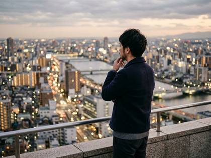 夕暮れの都市の景色を屋上から見下ろし、思案する男性。