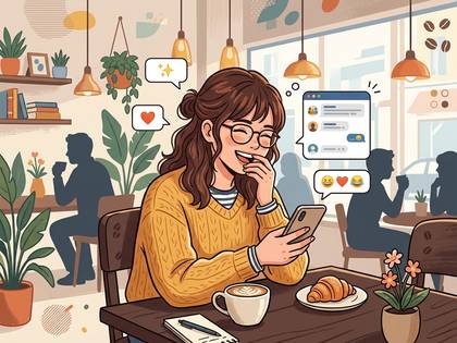 カフェでスマホを見ながら笑顔の女性。SNSを楽しんでいる様子。