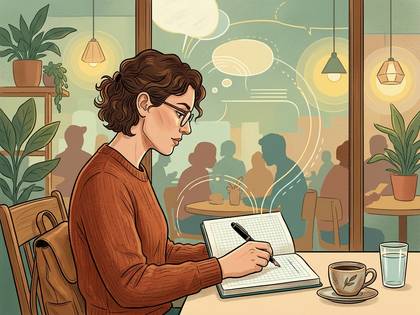 カフェでノートにアイデアを書き出す眼鏡の女性の横顔。周囲に植物。