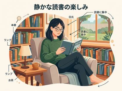 静かな読書を楽しむ女性のイラスト。本棚、ランプ、お茶、日光が描かれている。