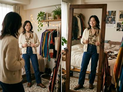 鏡の前で笑顔の女性。おしゃれな服装を試着し、確認する様子。