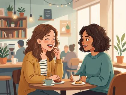 カフェで楽しそうに会話する2人の女性。