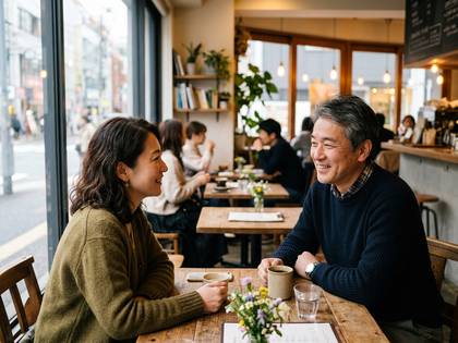 カフェで笑顔で会話する男女。