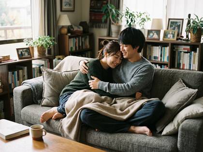 ソファで抱き合う笑顔のカップル。
