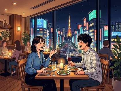都会の夜景を望むレストランで、笑顔の男女が食事を楽しむ様子。