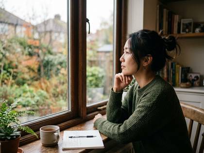 窓の外の緑を眺め、物思いにふける女性。コーヒーとノート。