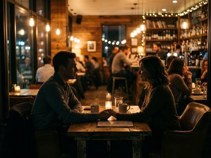 レストランで向き合い、手を取り合う男女。