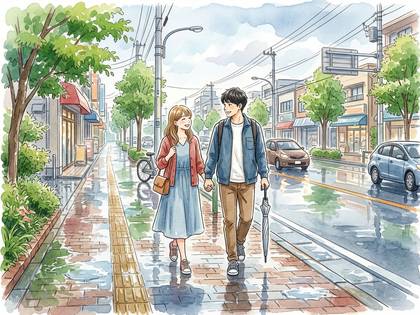 雨上がりの街中を笑顔で手をつなぎ散歩するカップル。