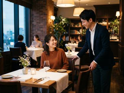 レストランで笑顔の女性客と男性スタッフが会話。