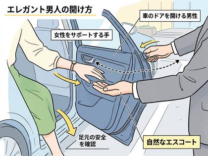 エレガントな男性が車のドアを開け、女性をエスコートする様子。