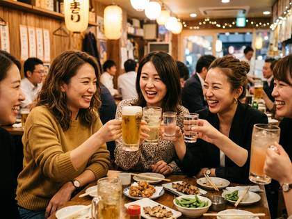 居酒屋で笑顔で乾杯し、会話を楽しむ女性たち。