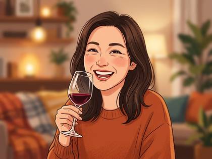 温かいリビングで、ワイングラスを手に笑顔でくつろぐ女性のイラスト。