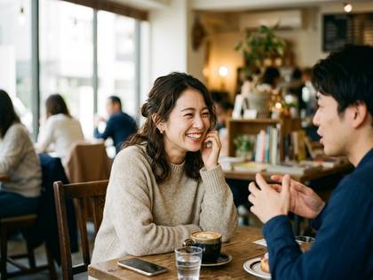 カフェで笑顔で会話を楽しむ女性と男性。