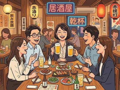居酒屋でビールを飲みながら楽しく会話する男女のグループ。