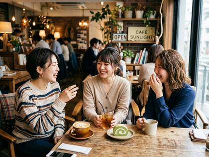 カフェで笑顔で談笑する3人の女性。