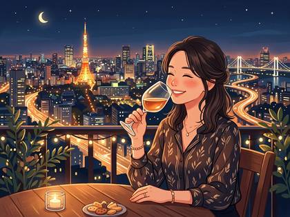 東京タワーと夜景を望むテラスでワインを楽しむ女性。