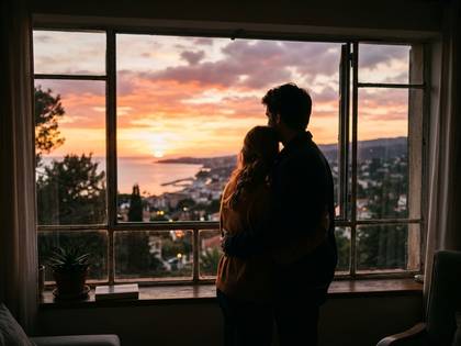 窓越しに夕焼けの海と街並みを眺めるカップルのシルエット。
