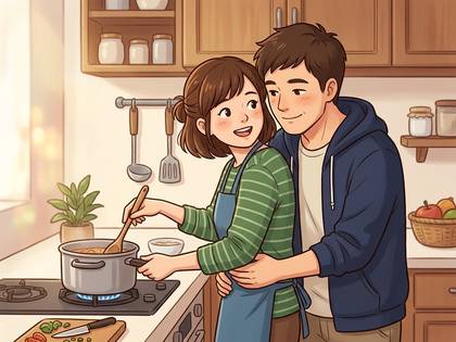 キッチンで料理中の女性を後ろから抱きしめる男性。笑顔のカップル。(33文字)